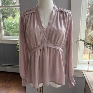 Womens Romantic Ruched Waist Blouse S/M Silky Blush Pink Peplum Ruffle Boho